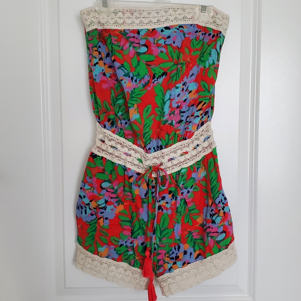 Tropical Strapless Aerie Romper with Crochet
